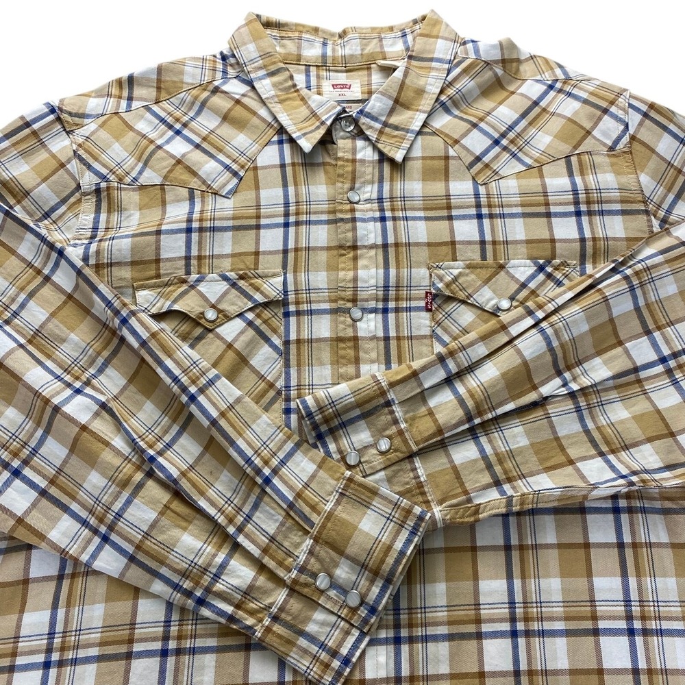 Levi's‎ Western Pearl Snap Shirt Men XXL Tan Plaid Button Up Cowboy Barn Rodeo